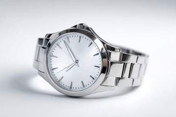 Sleek, silver wristwatch angled on a white background.  Timeless, modern design with a  simple face.  Metal band,  smooth surface.  Clean lines