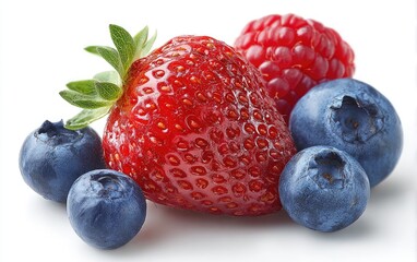 Freshly picked mixed berries.  A close-up of various colorful berries arranged on a white background.  Red strawberries, plump raspberries, and dark blue blueberries are visible.