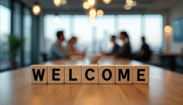 Wooden cubes spell WELCOME on a table in a meeting room. Blurred background shows business people at a conference. Modern office environment, team collaboration, new beginnings.