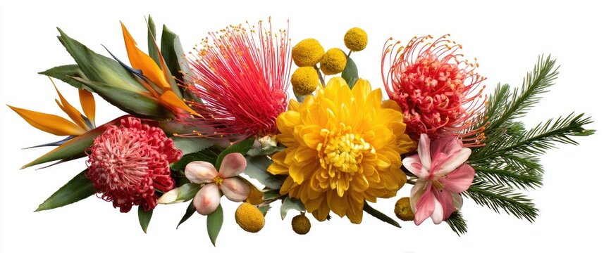 Vibrant floral arrangement featuring a mix of tropical and garden blooms.  Colorful bouquet with exotic birds of paradise, vibrant proteas, cheerful chrysanthemums, and delicate blossoms.  