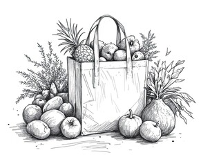 Hand-Drawn Sketch of a Charming Grocery Bag Filled with Fresh Fruits and Vegetables Surrounded by Organic Produce and Garden Elements