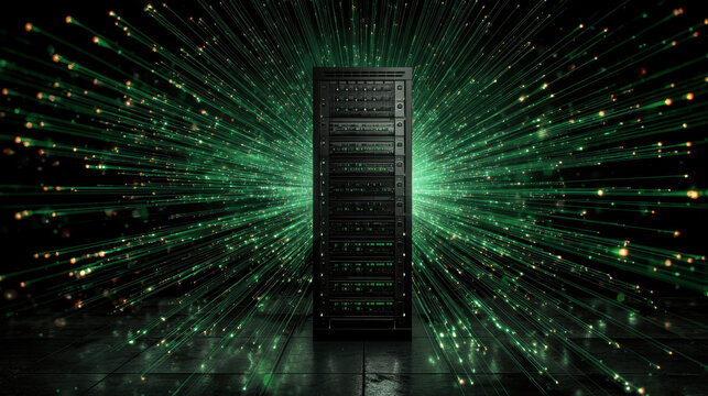 Data center server with a DDoS attack illustration. Dramatic visualization of a server under attack, featuring glowing green lines representing a distributed denial-of-service attack.