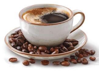 A cup of dark coffee on a saucer, surrounded by coffee beans