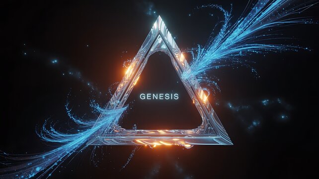 Futuristic Genesis Triangle with Blue Energy Streams and Particle Effects in a Dark Background