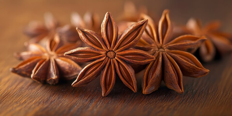 Close-up of Star Anise Spice Pods on a Wooden Surface