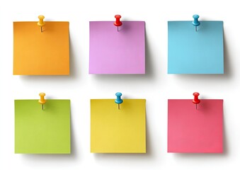 Six colorful sticky notes, each pinned to a white surface