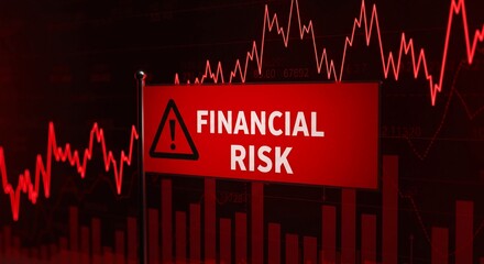 A stark red warning sign displaying 'FINANCIAL RISK' against a background of volatile red stock market graphs and bar charts, symbolizing economic downturn and crisis.