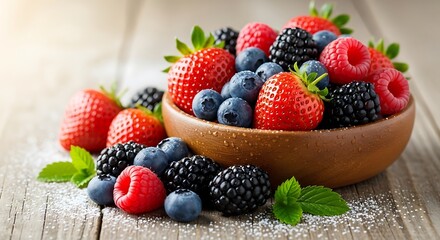 Assortment of fresh ripe berries in a bowl on rustic wooden surface