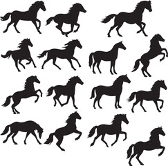 PrintCollection of silhouette horse poses and movements on white background