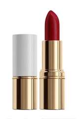 Obraz premium Close-up of a lipstick, gold casing with white cap, vibrant crimson red color
