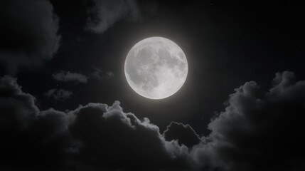 Ethereal Full Moon Glows Amidst Dark Clouds in Night Sky