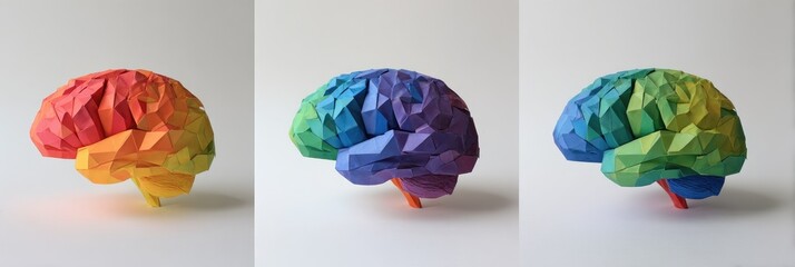 Three colorful, stylized brain models