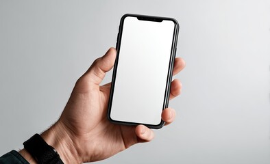 A hand holds a modern smartphone with a blank screen against a plain gray backdrop