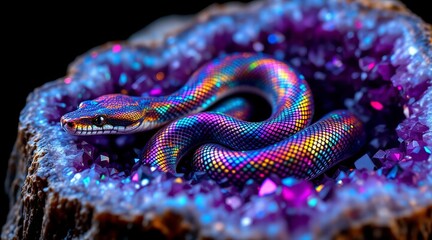 A vibrant rainbow snake coils within a geode, creating a mesmerizing display of color and natural beauty