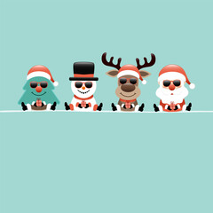 Quadrat Karte Weihnachtsbaum Schneemann Rentier und Weihnachtsmann Sonnenbrille Türkis