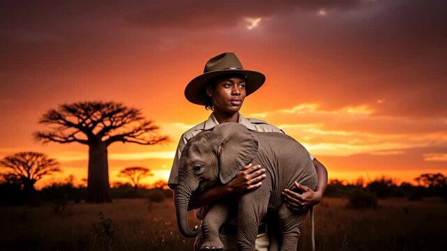 African woman ranger holding baby elephant in savanna at sunset. Cinematic banner with warm lighting. Wildlife conservation and animal rescue. World elephant day and environmental protection