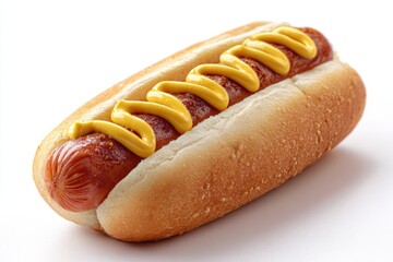 Hot dog in a bun, topped with mustard