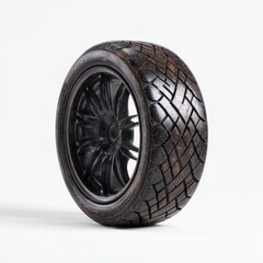 Dark, textured car tire on white background.  A  black,  heavily-patterned tire,  showing  deep grooves and  a  vintage  look,  is  centered  against  a  plain  white  surface