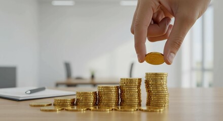 A person's hand stacking gold coins into progressively taller piles on a wooden desk, symbolizing financial growth and investment.