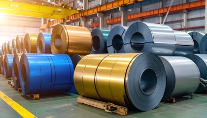 Shiny Steel Rolls in Warehouse Industrial Background with Metal Production, and Manufacturing.