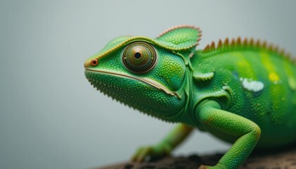Fototapeta premium A close-up macro photograph of a vibrant green chameleon, with a clean white background.