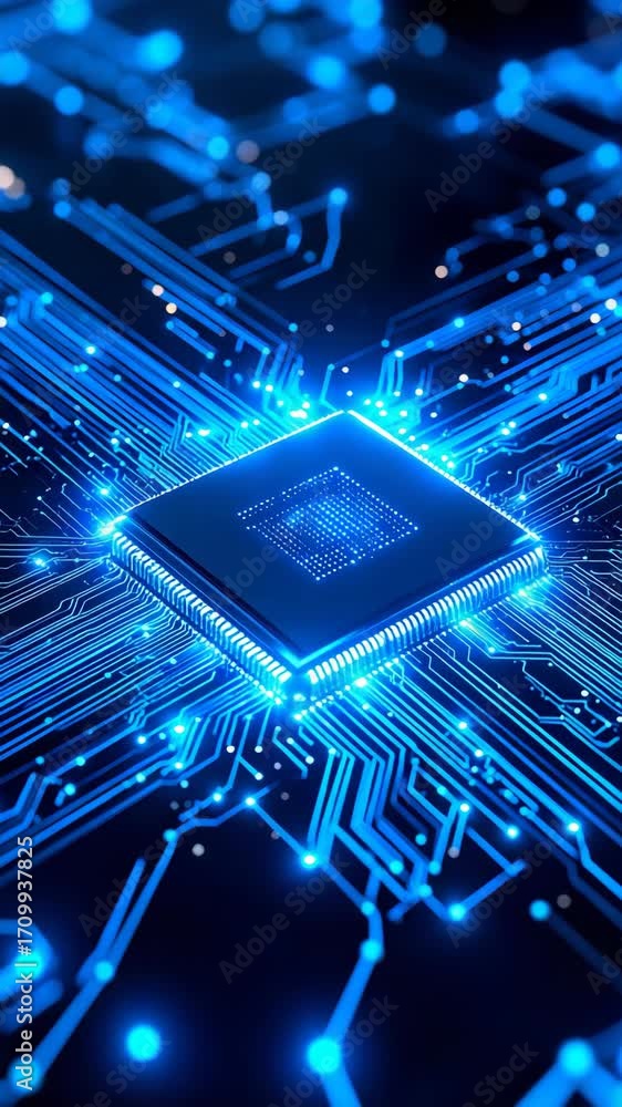 Poster futuristic glowing blue circuit board with central microchip, depicting advanced technology and inte