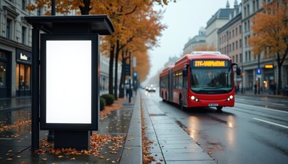 Obraz premium Empty white billboard at city bus stop next to road with red touristic bus. Urban setting with copy space placeholder for advertisement information. Autumnal street with paved sidewalk, fallen leaves.
