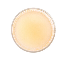 Tasty cider in glass isolated on white, top view