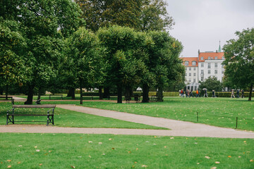 The King's Garden in central Copenhagen city on rainy day.