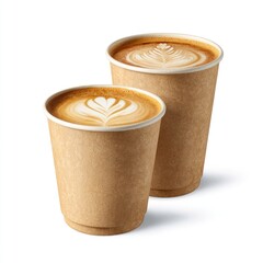 Two disposable coffee cups, latte art