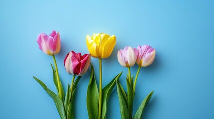 Fototapeta premium Colorful Tulips on Blue Background.
