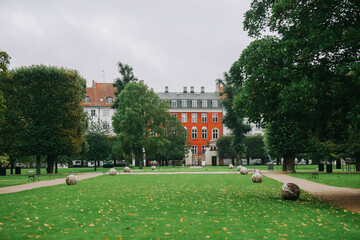 The King's Garden in central Copenhagen city on rainy day.