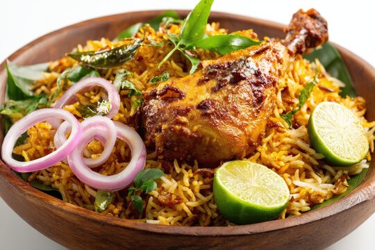 Spicy chicken biryani, served in a wooden bowl.  A golden-brown chicken drumstick rests on a bed of aromatic, yellow rice, accented with sliced red onions and fresh green herbs.  - Powered by Adobe