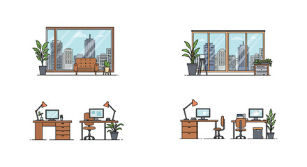 Modern office interior with city view and workspace setups illustrated