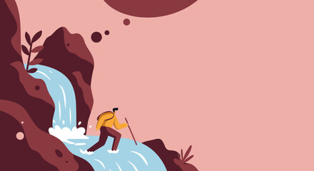 Young man with a backpack using a white cane to navigate an urban environment. Illustrates independence, accessibility, and urban mobility for visually impaired individuals.