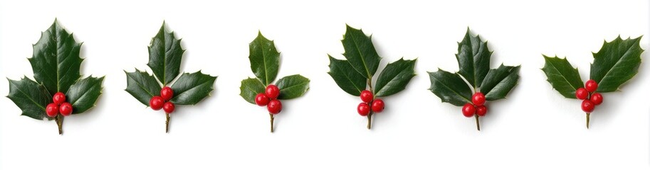 Christmas holly sprigs with red berries against a white background