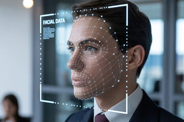 Man s face scanned by futuristic biometric identification technology