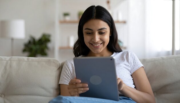 Smiling Indian woman using tablet on sofa with relaxing at home with natural light.