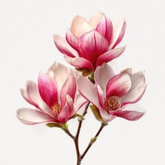 Obraz premium Three delicate magnolia blossoms, a soft blush pink and cream, sit on a stem against a plain white background. 