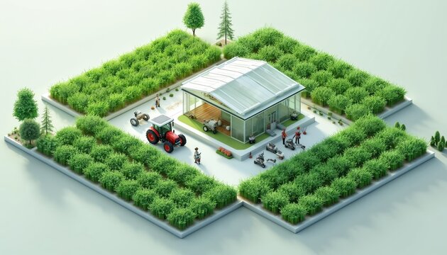Detailed 3D rendering of AI farm with green crops, greenhouse, machinery. Scene displays modern farming tech, sustainable practices. Automated irrigation, tractor, equipment visible. Shows innovation