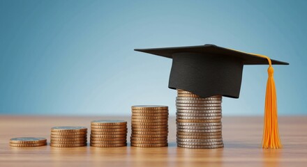 A black graduation cap with a yellow tassel sits atop the tallest of several ascending stacks of coins, representing the cost of education.