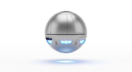 Futuristic silver orb with glowing blue lights, sleek design and modern technology