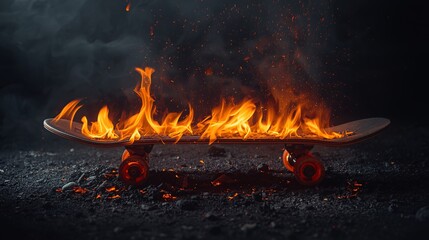Skateboard on Fire with Bright Orange Flames
