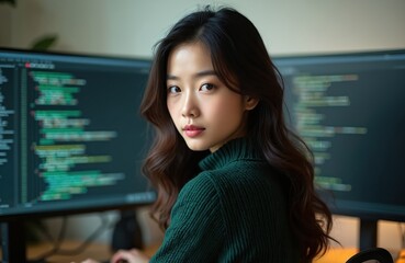 Young Asian woman programmer intently coding on dual monitors in focused work environment. Intense concentration evident as works on software development, potentially in office home office setting.