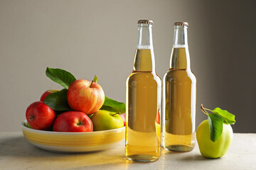 Delicious cider in glass bottles and apples on gray table against light background