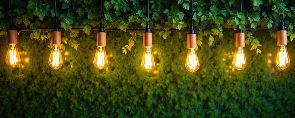 Row of Edison bulbs with wooden bases hang over green foliage, creating warm ambient light. Ceiling decor blends nature with modern illumination, offering eco-friendly design for stylish interiors,