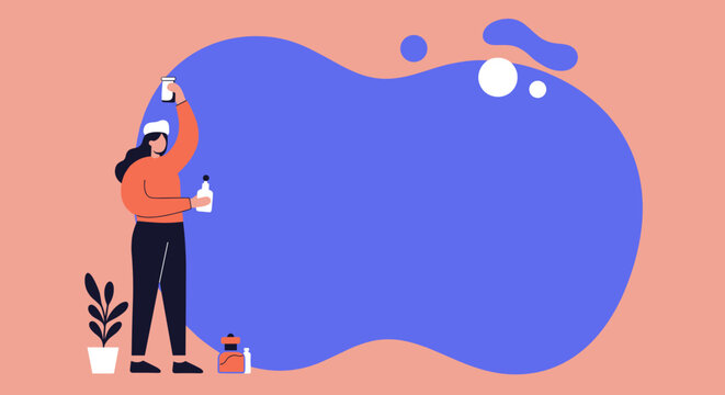 Modern illustration of a woman preparing or using liquid products. Ideal for beauty, wellness, cleaning, or DIY content with copy space.