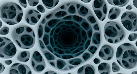 Fototapeta premium Intricate 3D render of a white organic porous network with a deep blue central vortex and abstract cellular structure