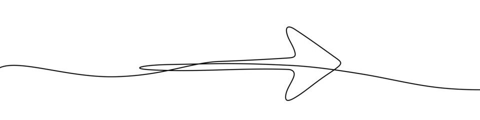 Arrow in one line art style. Arrow drawing with editable black stroke on white background. Vector illustration.
