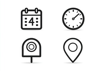 Four simple, black line icons on a white background.  A calendar, clock, location pin, and a mailbox icon